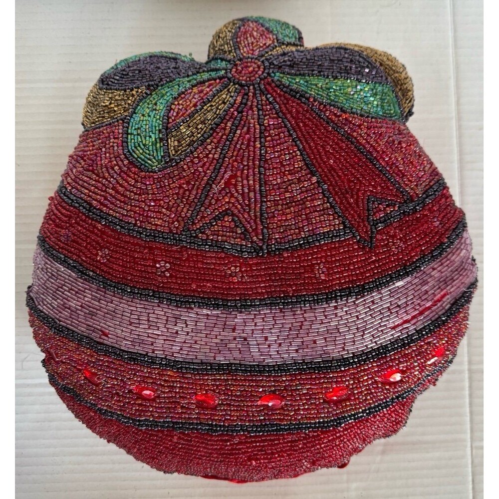 Vintage Beaded Ornament Shaped Accent Pillow Red Satin Christmas Decor